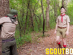 ScoutBoys Hung DILF Bishop Angus barebacks two shy twinks in forest