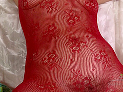Mature Karolina Returns Stripping Out Of Her Red Fishnet Thingies And Shows Off Her Milf Hairy Body