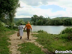 Teen joins in oldies trio in outdoor sex romp