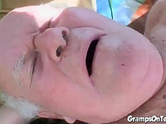 Teen joins in oldies trio in outdoor sex romp