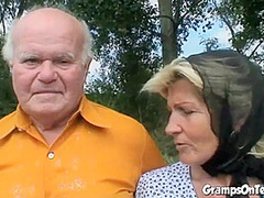 Teen joins in oldies trio in outdoor sex romp