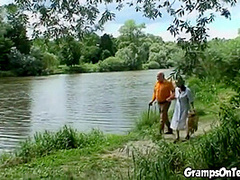 Teen joins in oldies trio in outdoor sex romp