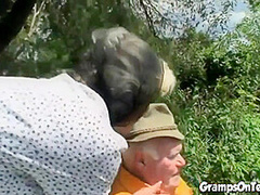 Teen joins in oldies trio in outdoor sex romp