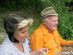 Teen joins in oldies trio in outdoor sex romp