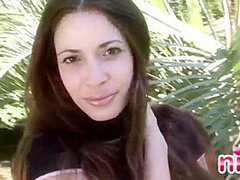 Lesbian Nina shown tits and pussy in forest