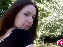 Lesbian Nina shown tits and pussy in forest