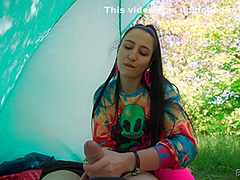Brunette Hippie Makes Outdoor Handjob For Free