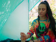 Brunette Hippie Makes Outdoor Handjob For Free