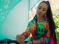 Brunette Hippie Makes Outdoor Handjob For Free