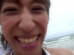 Busty Japanese Babe Blows A Hairy Cock Pov By The Sea