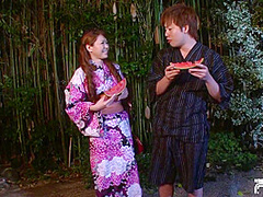 Japanese Babe Sucks Her Boyfriend Big Cock Outdoor After Eating Watermelon