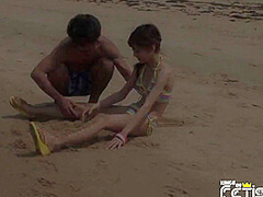 Skinny Japanese Babe Gets Her Hairy Pussy Pounded And Creampied By The Sea