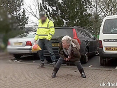Short Hair British MILF Flashing and Pissing all Over Town for UK-Flashers