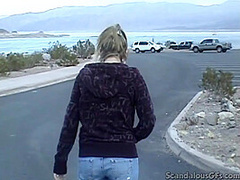 Public teen slut sucking on hard cock