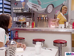 Busty milf waitress licks ebony customers pussy in her diner