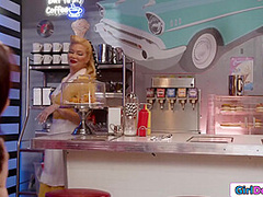 Busty milf waitress licks ebony customers pussy in her diner