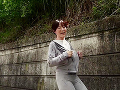 Sweaty older Japanese woman with massive tits uses them on my feet