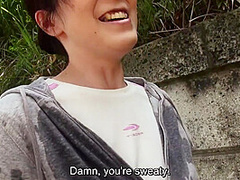 Sweaty older Japanese woman with massive tits uses them on my feet