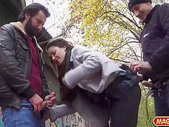 Fiamma Monti And Jason Steel - Petite Brunette Double Pounded In The Park