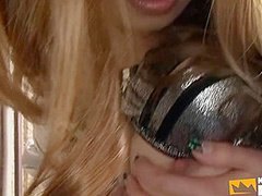 Japanese Girl Plays With Her Hairy Pussy On The Stairs While Blowing A Guy