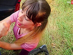 German Skinny Girl Layla Von Hohensee Deepthroats Dick In Nature