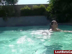 Three Friends By The Pool Playing A Naughty Strip Wiffleball Game