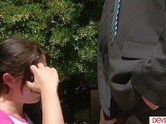 Brunette teen babysitter taking care of her boss big cock