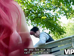 VIP4K. Sexy redhead Miss Olivia showed her red lingerie and fucked in public in front of her BF