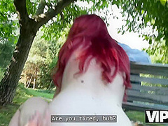 VIP4K. Sexy redhead Miss Olivia showed her red lingerie and fucked in public in front of her BF
