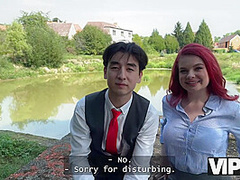 VIP4K. Sexy redhead Miss Olivia showed her red lingerie and fucked in public in front of her BF