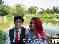 VIP4K. Sexy redhead Miss Olivia showed her red lingerie and fucked in public in front of her BF