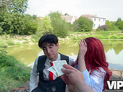 VIP4K. Sexy redhead Miss Olivia showed her red lingerie and fucked in public in front of her BF