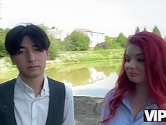 VIP4K. Sexy redhead Miss Olivia showed her red lingerie and fucked in public in front of her BF