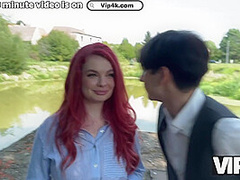 VIP4K. Sexy redhead Miss Olivia showed her red lingerie and fucked in public in front of her BF
