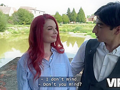 VIP4K. Sexy redhead Miss Olivia showed her red lingerie and fucked in public in front of her BF