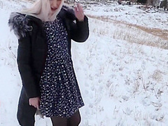 Stacy Starando In Russian Chick In Winter In Nature Sucks Off Her Lovers Plump Penis