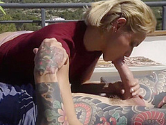 Hot Blonde Jumps On Tattooed Dudes Dick On The Balcony With Veronica Leal