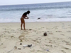 Monika Fox - White Panties And Burgundy Top Walks Along Beach And Swims In Sea