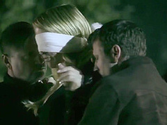 Blindfolded Blonde Beauty Takes Three Big Cocks At One