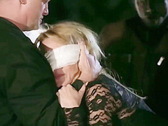 Blindfolded Blonde Beauty Takes Three Big Cocks At One